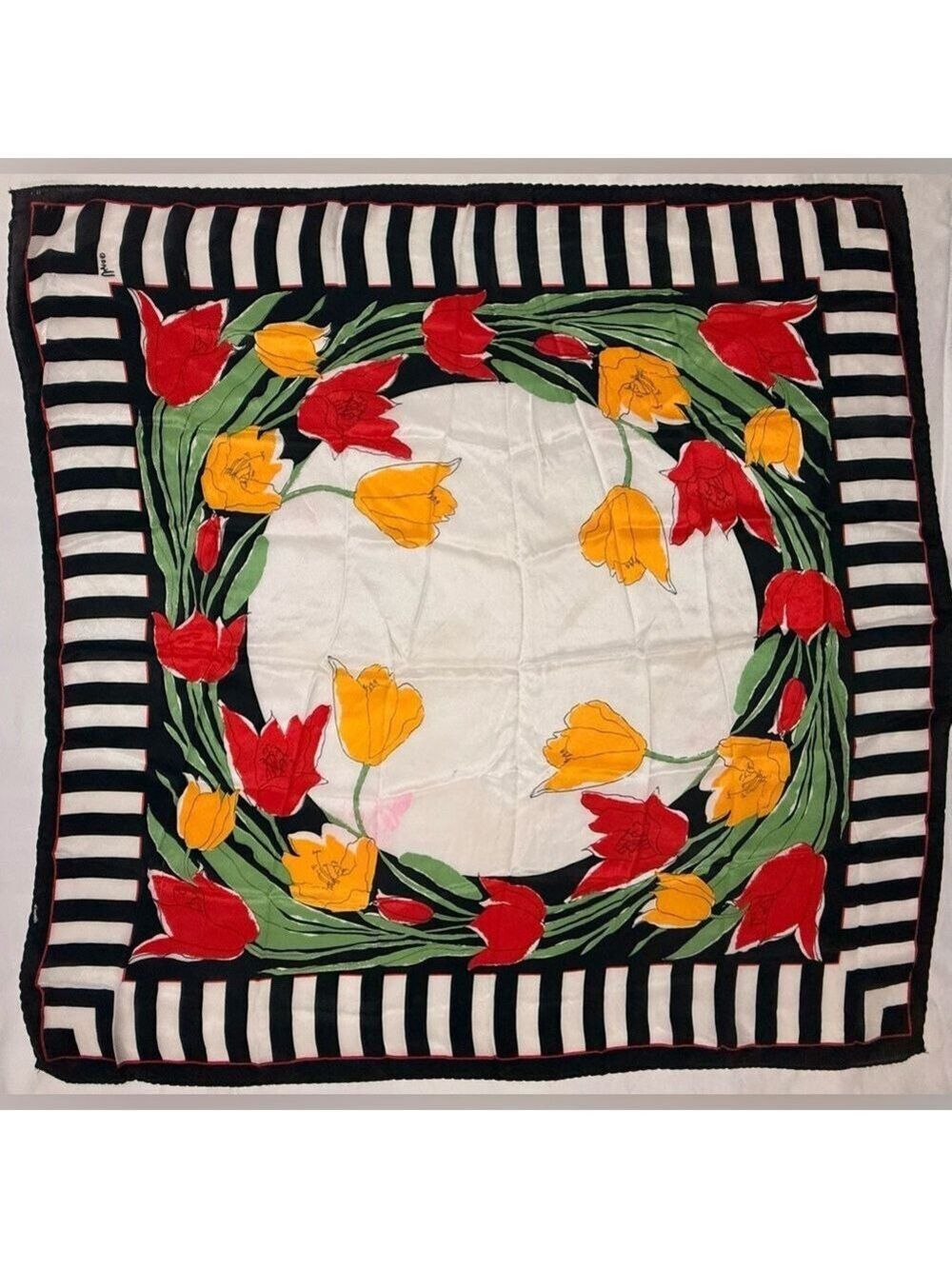 Vera Neumann Vintage Tulip Floral Black White Striped Silk Scarf 27”